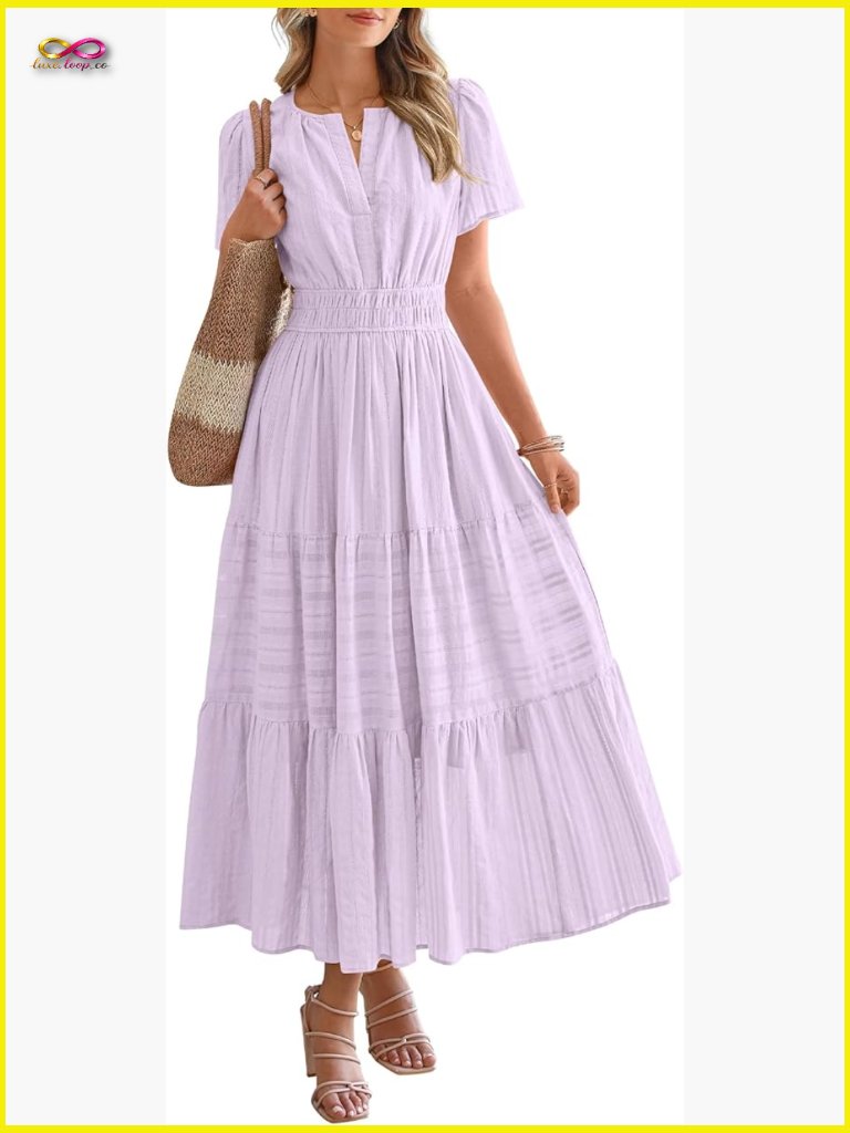 Casual Maxi Dress Short Sleeve V Neck Elastic Waist Boho Beach Dress Pockets